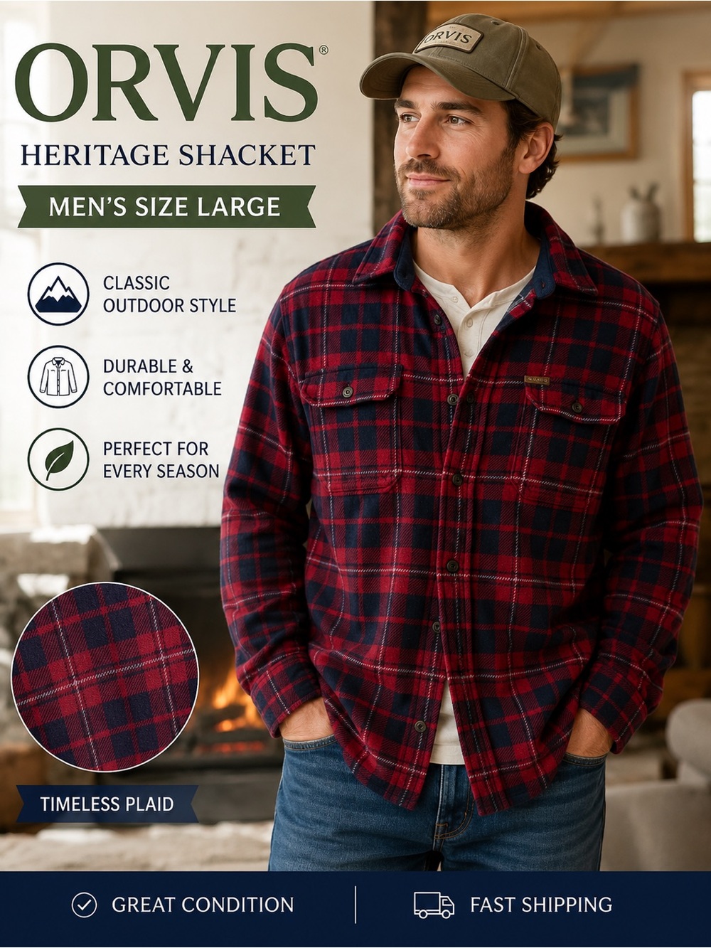 Orvis Men's Heritage Shacket - Red Plaid Size Large 100% Cotton